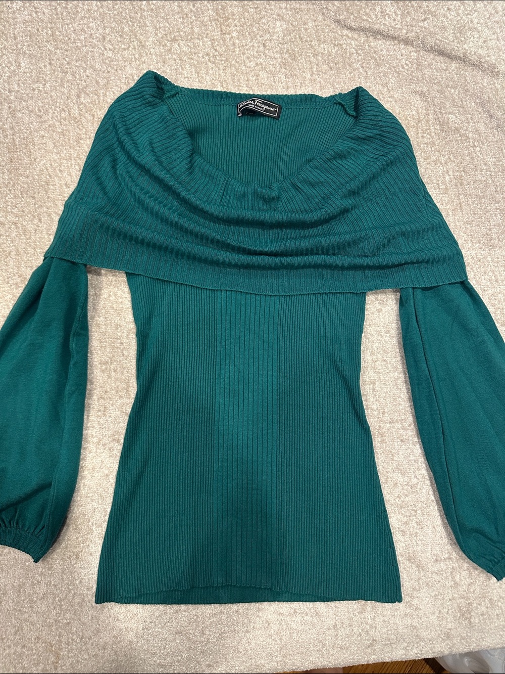 Salvatore Ferragamo Teal Off-the-Shoulder Ribbed Sweater